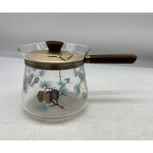 Vtg Mid-Century Douglas Libbey Flameproof Coffee Pot Blue Gold Gilt Pine Cones